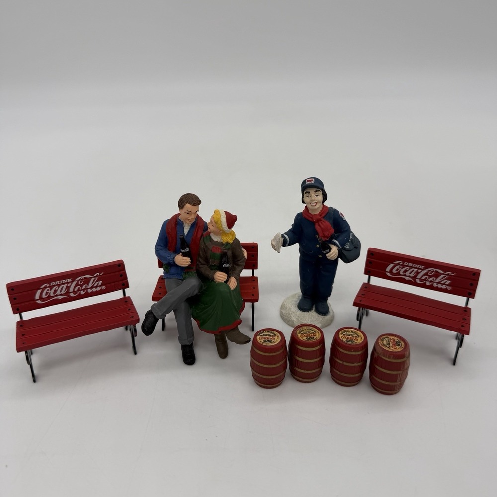 Vintage 1990s Coca-Cola Town Square Christmas Village Figures Benches Barrel LOT